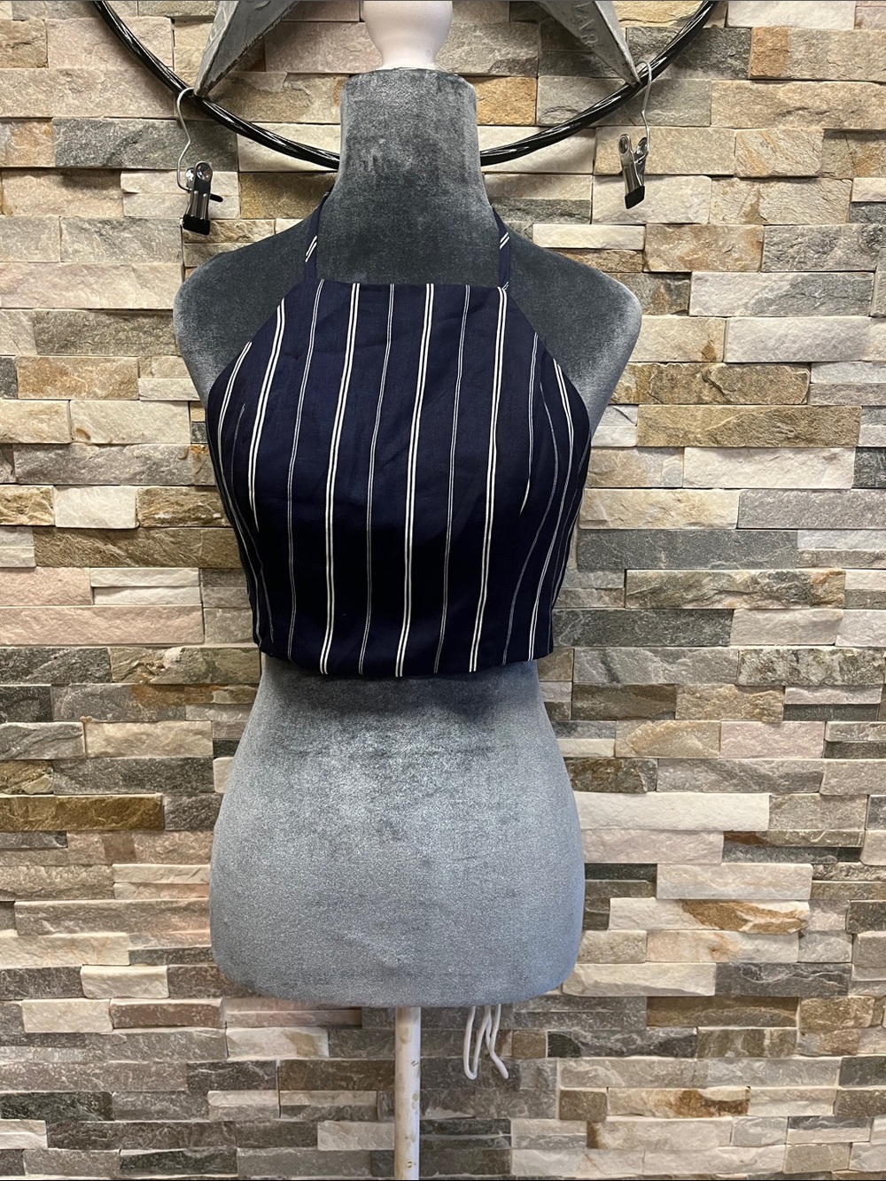Fashion Nova Navy & White Striped Halter Crop Top